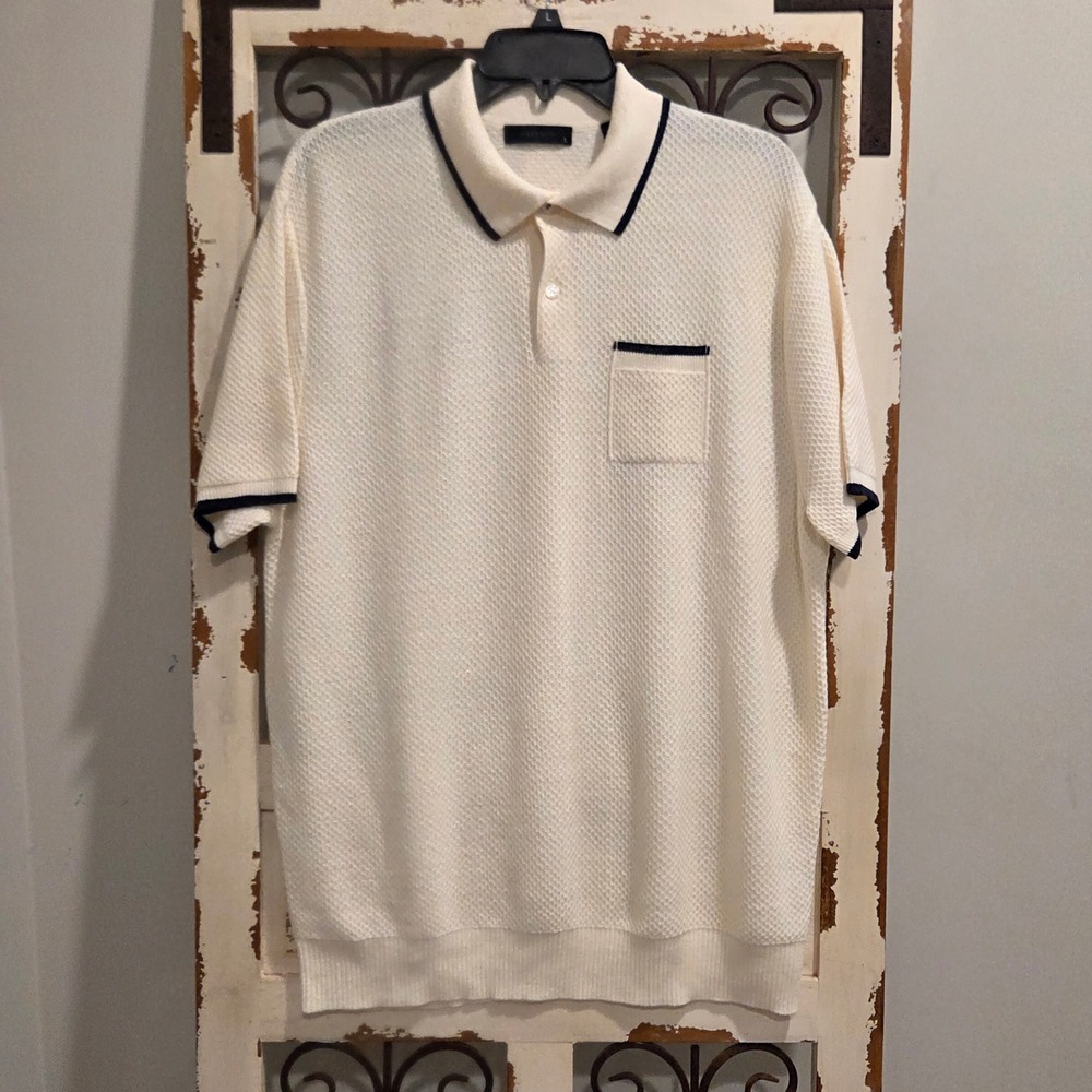 Greyson Seneca Short Sleeve Sweater Polo Mens Large Wool Linen Tipped Off White